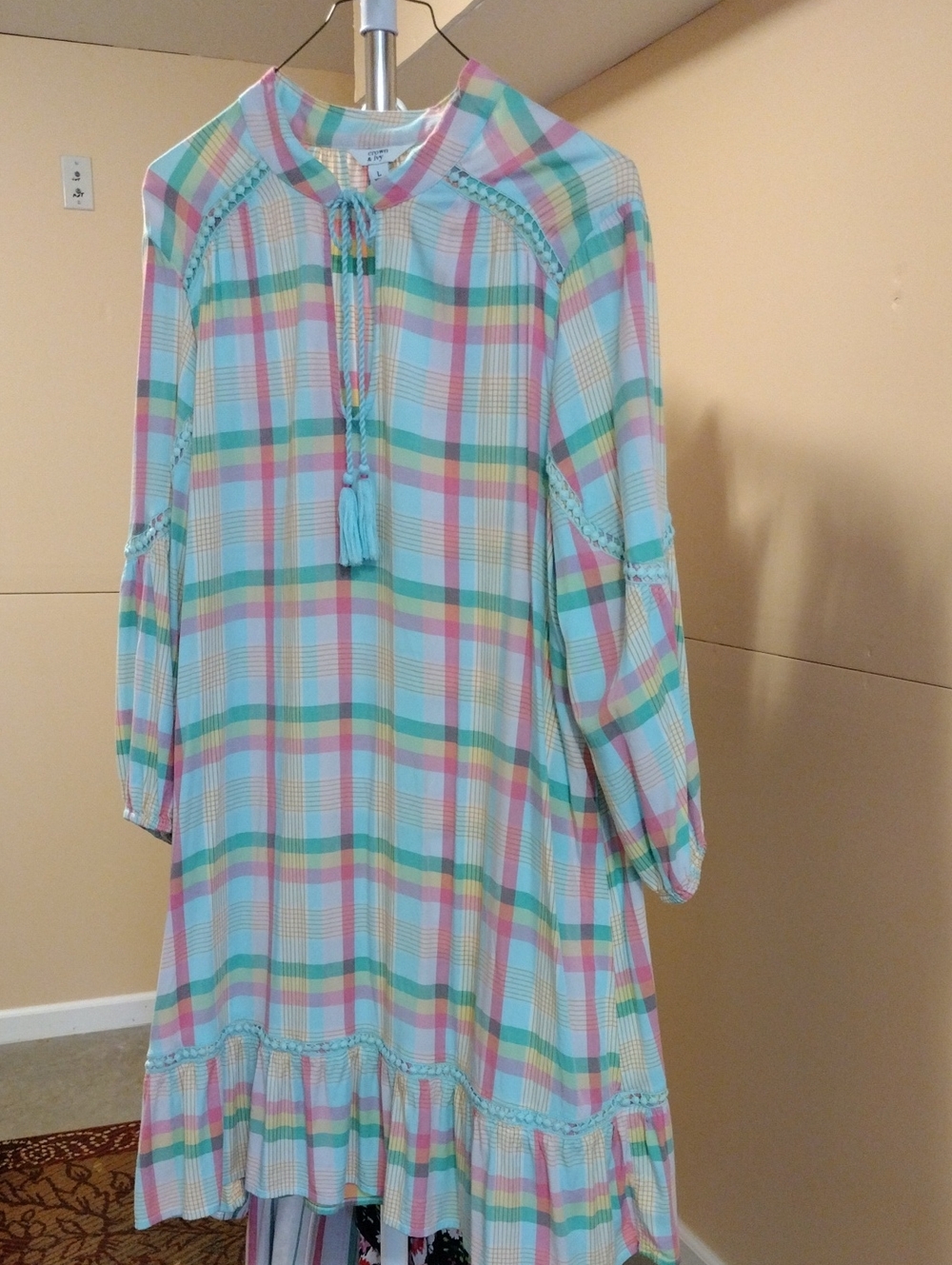 crown & ivy Pastel Plaid Tassel Nightgown - Mint, Pink & Yellow